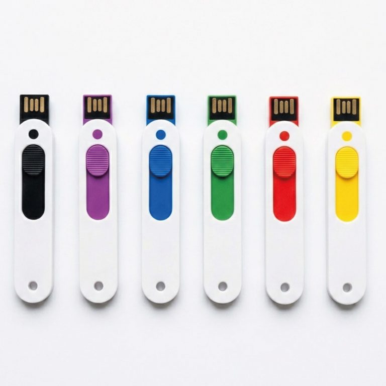 FiLEREX Business-USB-Stick Range mit weißem Gehäuse (White Edition) plus fünf (5) Schieberarben und patentiertem FiLEREX-Mechanismus auf weißem Hintergrund.